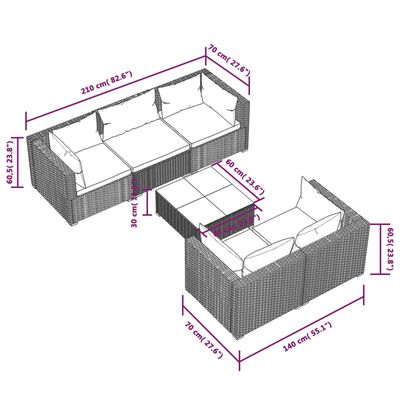 vidaXL Градински комплект с възглавници, 6 части, полиратан, черен