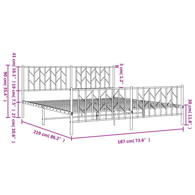 vidaXL Метална рамка за легло с горна и долна табла, бяла, 183x213 см