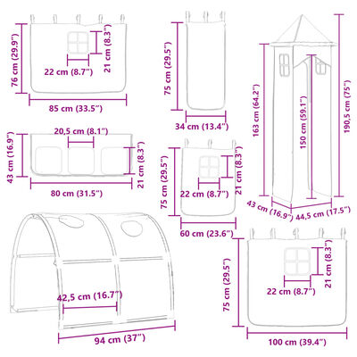 vidaXL Двуетажно легло с пързалка и завеси, синьо, 80x200 см