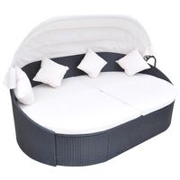 vidaXL Градинско лаундж легло със сенник, полиратан, черно