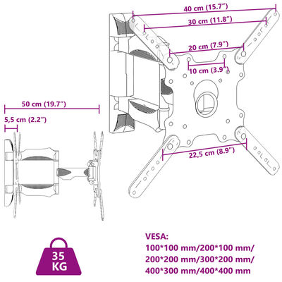 vidaXL ТВ стойка за стена за 32-55 инча екран VESA 400x400 мм 35 кг