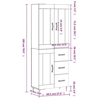 vidaXL Висок шкаф, бетонно сив, 69,5x34x180 см, инженерно дърво