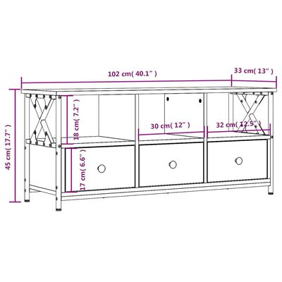 vidaXL ТB шкаф, кафяв дъб, 102x33x45 см, инженерно дърво и желязо