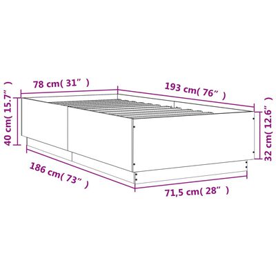 vidaXL Рамка за легло с LED осветление бяла 75x190 см инженерно дърво