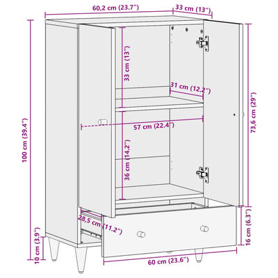 vidaXL Висок шкаф, 60x33x100 см, мангово дърво масив