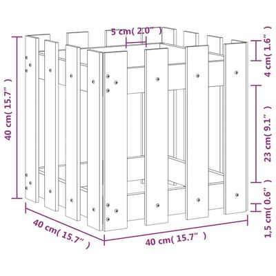 vidaXL Градинска кашпа с дизайн на ограда черна 40x40x40 см бор масив