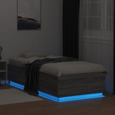 vidaXL Рамка за легло с LED осветление, сив сонома, 90x200 см