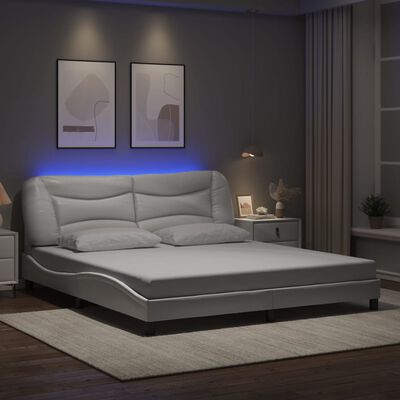 vidaXL Рамка за легло с LED осветление, бяла, 180x200 см, еко кожа