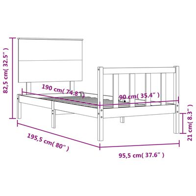 vidaXL Рамка за легло с табла черна 3FT Single масивна дървесина