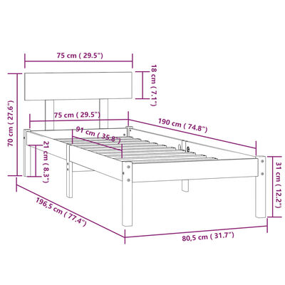 vidaXL Рамка за легло черна масивно дърво 75x190 см Small Single