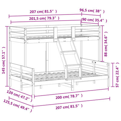 vidaXL Двуетажно легло, 90x200/120x200 см, борово дърво масив