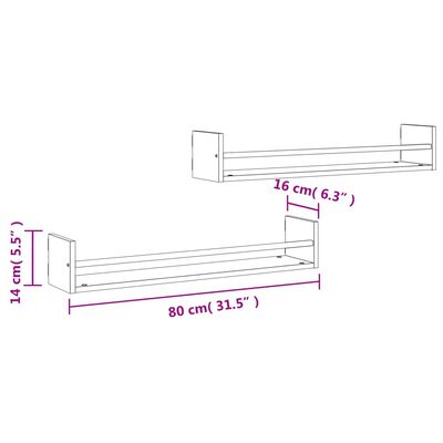 vidaXL Стенни рафтове с пръти 2 бр сив сонома 80x16x14 см