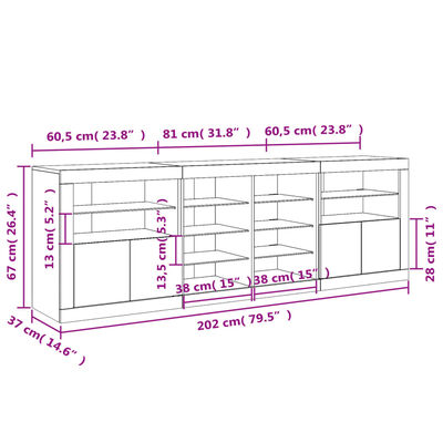 vidaXL Сайдборд с LED светлини, бял, 202x37x67 см