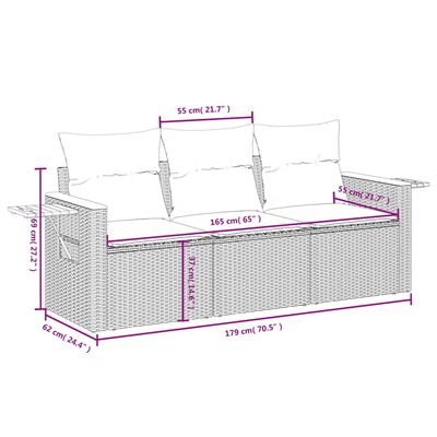 vidaXL Градински комплект с възглавници, 3 части, сив, полиратан