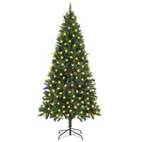 vidaXL Изкуствена осветена коледна елха украсена с шишарки 210 см