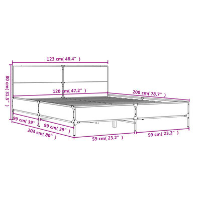 vidaXL Рамка за легло, кафяв дъб, 120x200 см, инженерно дърво и метал