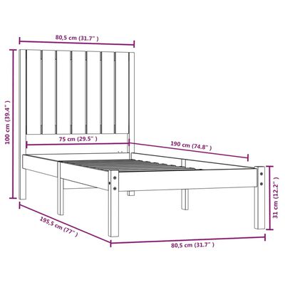 vidaXL Рамка за легло меденокафява дърво 75x190 см 2FT6 Small Single