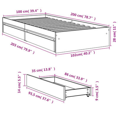 vidaXL Рамка за легло с чекмеджета, сив сонома, 100x200 см