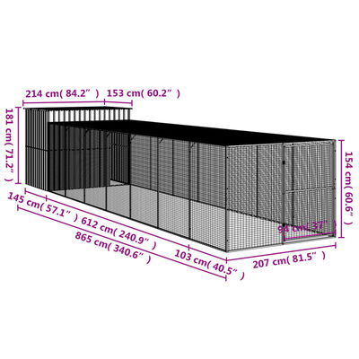 vidaXL Кучешка къща с волиера, 214x865x181 см, поцинкована стомана