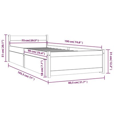 vidaXL Рамка за легло с чекмеджета 75x190 см 2FT6 Small Single