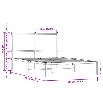 vidaXL Метална рамка за легло с горна табла, кафяв дъб, 120x200 см