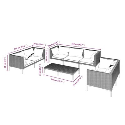 vidaXL Градински комплект с възглавници, 8 части, полиратан, Тъмносив