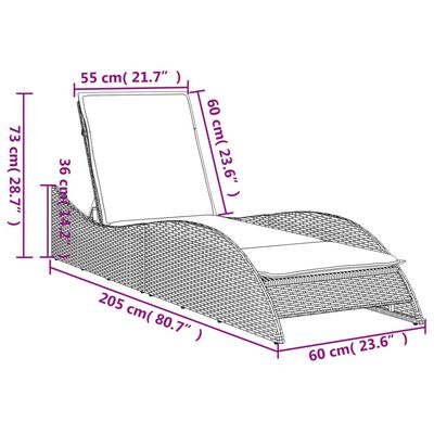 vidaXL Шезлонг с възглавница, черен, 60x205x73 см, полиратан