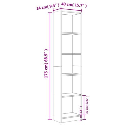 vidaXL Библиотека на 5 нива, сив сонома, 40x24x175 см, инженерно дърво