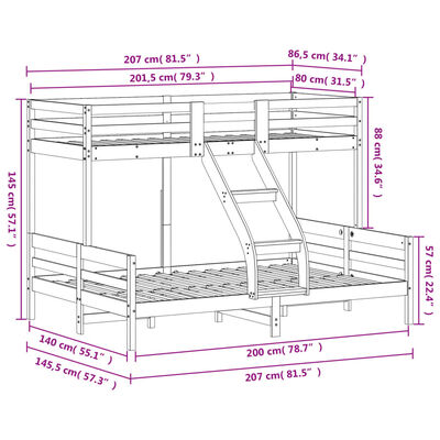 vidaXL Двуетажно легло, 80x200/140x200 см, бяло, борово дърво масив