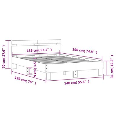 vidaXL Рамка за легло с табла и LED, кафяв дъб, 135x190 см