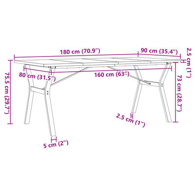 vidaXL Трапезна маса Y-образна рамка 180x90x75,5 см бор масив и чугун