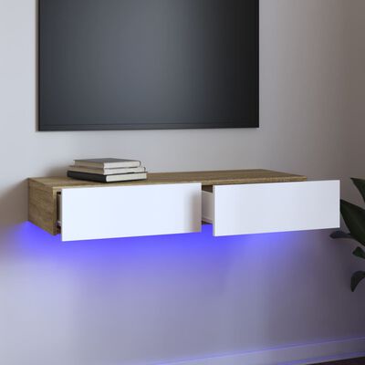 vidaXL ТВ шкаф с LED осветление, бяло и дъб сонома, 90x35x15,5 см