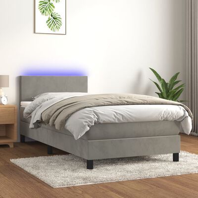 vidaXL Боксспринг легло с матрак и LED, светлосиво, 90x200 см, кадифе
