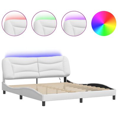 vidaXL Рамка за легло с LED осветление, бяла, 180x200 см, еко кожа
