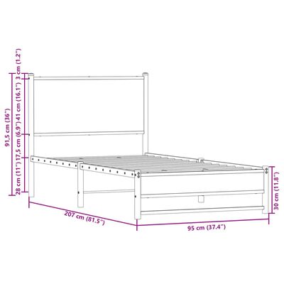 vidaXL Метална рамка за легло с горна табла, кафяв дъб, 90x200 см