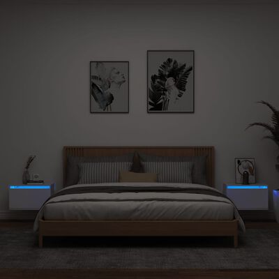 vidaXL Нощни шкафчета за стена с LED осветление, 2 бр, бели