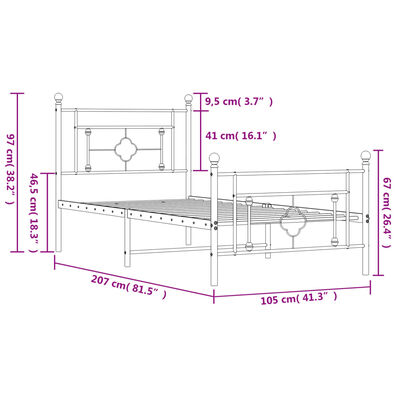 vidaXL Метална рамка за легло с горна и долна табла, бяла, 100x200 см