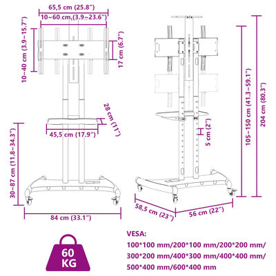 vidaXL ТВ стойка на колелца 32-70 инча екран VESA 600x400 мм 60 кг