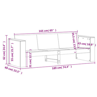 vidaXL Градински диван 3-местен восъчнокафяв 189x60x62 см бор масив