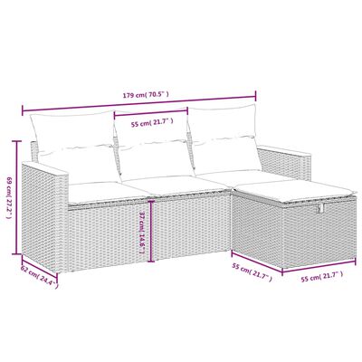 vidaXL Градински диван от 4 части с възглавници, черен, полиратан