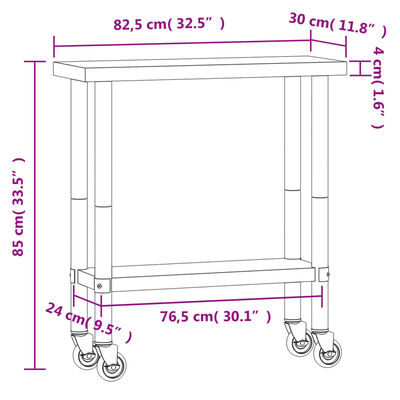 vidaXL Кухненска работна маса с колелца, 82,5x30x85 см, инокс