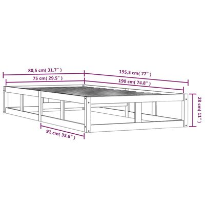 vidaXL рамка за легло черна 75x190см 2FT6 Small Single дърво масив