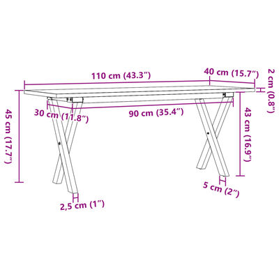 vidaXL Кафе маса X-образна рамка 110x40x45 см бор масив и чугун