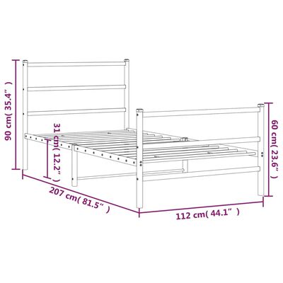 vidaXL Метална рамка за легло с горна и долна табла, черна, 107x203 см