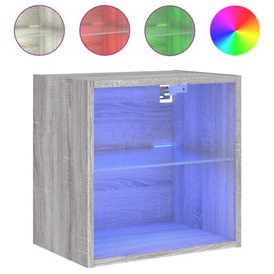 vidaXL Нощно шкафче с LED осветление, сив сонома, за стенен монтаж