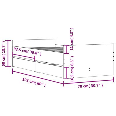 vidaXL Рамка за легло с чекмеджета кафяв дъб 75x190 см Small Single