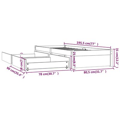 vidaXL Рамка за легло с чекмеджета, 75x190 см, 2FT6 Small Single