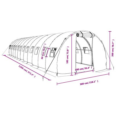 vidaXL Оранжерия със стоманена рамка бяла 36 м² 12x3x2 м