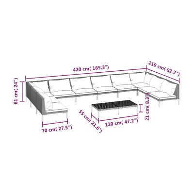 vidaXL Градински комплект с възглавници, 11 части, полиратан, тъмносив