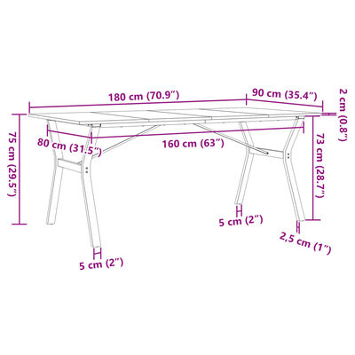 vidaXL Трапезна маса Y-образна рамка 180x90x75 см бор масив и чугун